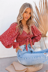 Red Floral Smocked Tie Front Crop Top