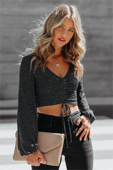 Rizo Ruched Metallic Crop Top - Black