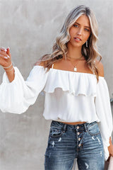 Sincere Balloon Sleeve Cold Shoulder Blouse - White