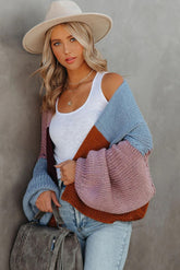 Blue Color Block Open Front Cardigan