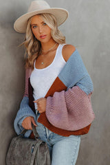 Blue Color Block Open Front Cardigan