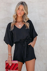 Spring Scene Pocketed Tie Romper - Black