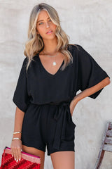 Spring Scene Pocketed Tie Romper - Black
