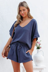 Sumner Cotton Relaxed V-Neck Top - Navy