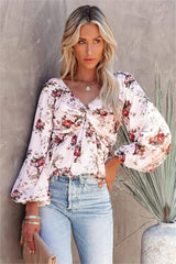 Sure Thing Floral Balloon Sleeve Twist Blouse - Cream