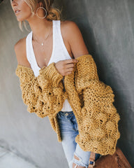 Mustard Pom Pom Open Front Cardigan