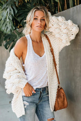 Cream Pom Pom Open Front Cardigan