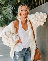 Cream Pom Pom Open Front Cardigan