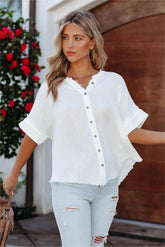 Talise Cotton Button Down Frayed Top - White