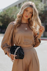 Tamra Satin Crop Drawstring Blouse - Camel