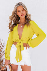 Vittoria Tie Front Crop Blouse - Chartreuse