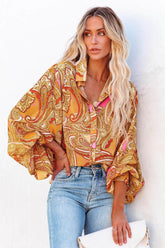 Vrinda Printed Button Down Blouse - Orange Multi