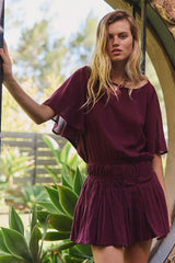 Burgundy Pleated Waist Mini Dress