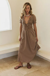 Brown Lace Paneled Midi Dress