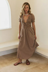 Brown Lace Paneled Midi Dress