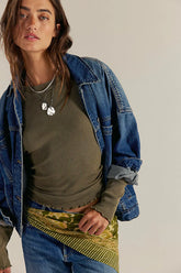 Olive Green Long Sleeved Knit T-Shirt