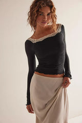 Black Lace Neckline Knit Top