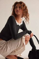 Black Lace Neckline Knit Top