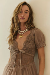 Brown Lace Paneled Midi Dress