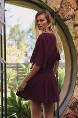 Burgundy Pleated Waist Mini Dress
