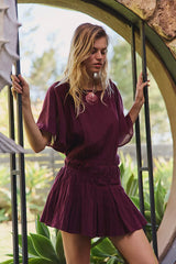 Burgundy Pleated Waist Mini Dress