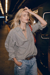 Navy Striped Print Collared Shirt