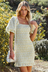 Abbi Cotton Floral Smocked Puff Sleeve Dress - Yellow Multi