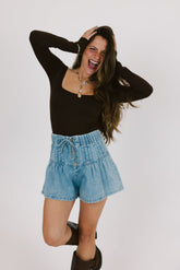 Blue Denim Pleated Withdraw Shorts
