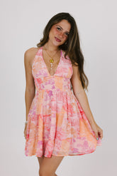 Pink Floral Halter Mini Dress