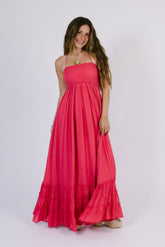 Red Smocked Yoke Maxi Dress