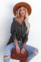Alexie Button Down Ribbed Knit Top - Charcoal