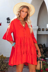 Alicia Pocketed Ruffle Tiered Babydoll Dress - Red
