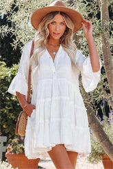 Alicia Pocketed Ruffle Tiered Babydoll Dress - White