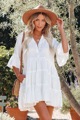 White Alicia Pocketed Ruffle Tiered Babydoll Dress