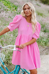 Amber Cotton Pocketed Puff Sleeve Dress - Cool Pink