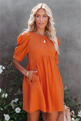 Amber Cotton Pocketed Puff Sleeve Dress - Orange