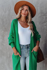 Green Ribbed Knit Long Cardigan