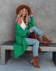 Green Ribbed Knit Long Cardigan