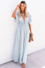 Anika Pocketed Button Down Ruffle Maxi Dress - Waterlily