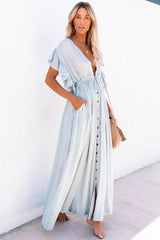 Anika Pocketed Button Down Ruffle Maxi Dress - Waterlily