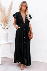 Anika Pocketed Button Down Ruffle Maxi Dress - Black