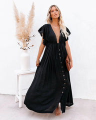 Anika Pocketed Button Down Ruffle Maxi Dress - Black