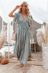 Anika Pocketed Button Down Ruffle Maxi Dress - Sage Dust