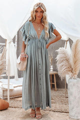 Anika Pocketed Button Down Ruffle Maxi Dress - Sage Dust