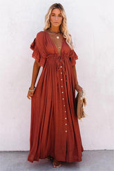 Anika Pocketed Button Down Ruffle Maxi Dress - Terracotta