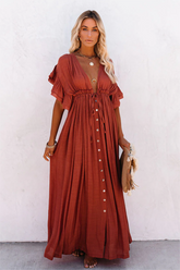 Borwn Anika Pocketed Button Down Ruffle Maxi Dress