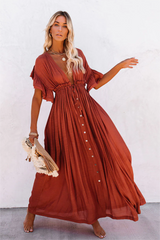 Borwn Anika Pocketed Button Down Ruffle Maxi Dress