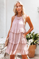 Pink Baise Pocketed Tiered Mini Dress - Mauve