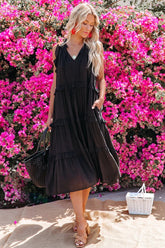 Ballard Cotton Blend Pocketed Tiered Midi Dress - Black