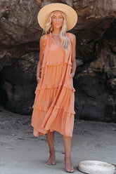 Ballard Cotton Blend Pocketed Tiered Midi Dress - Papaya